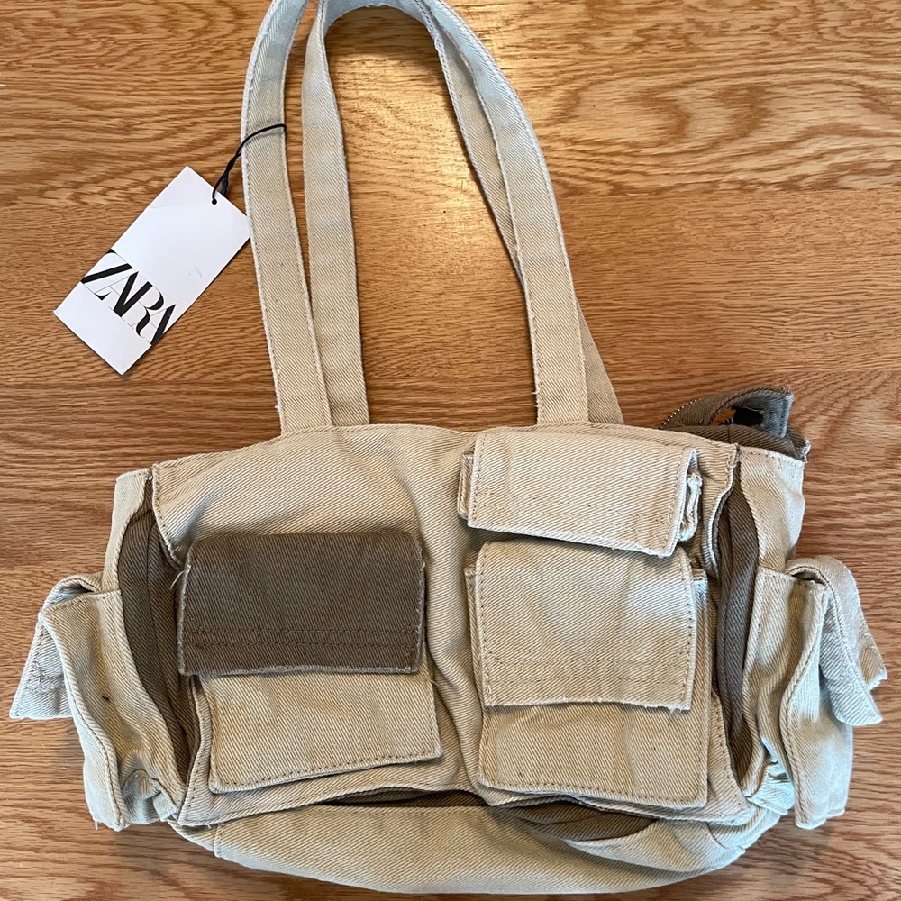 Zara Cargo Two-Tone Canvas Shoulder Bag NWT